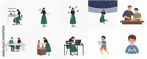 Minimalist Illustration Set Diverse People Engaging Various Activities Occupation Set