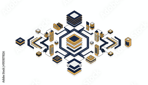 3D rendered microchip circuit board with interconnected components and gold accents.