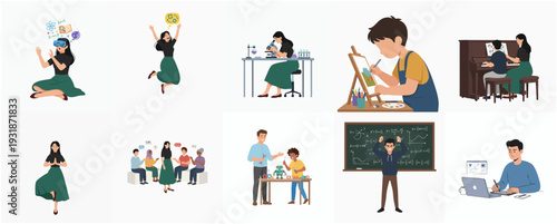 Flat Design Illustration of Students Engaging in Diverse Learning Activities