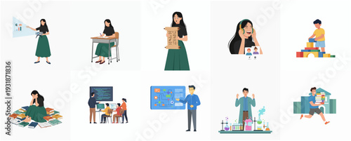 Flat Style Illustration of Student and Teacher Learning and Education Activity Set