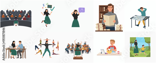 Diverse Flat Illustration Set of People Doing Different Activities in Daily Life
