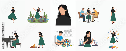 Flat Illustration Set of Woman Doing Various Activities Lifestyle Collection