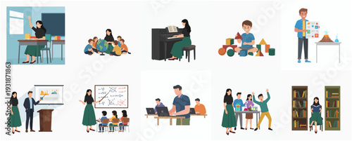 Flat Style Diverse Group of Students and Teachers Engaged in Education