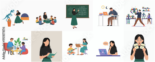 Flat Design Style Teacher and Various Student Activities Icon Set Illustration