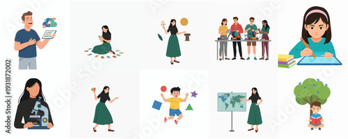 Colorful Flat Illustration Set of People Learning and Studying Various Subjects