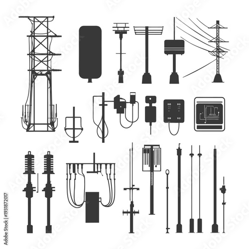 A Collection of Electrical Power Transmission and Distribution Equipment Silhouettes