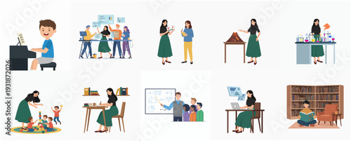 Flat Illustration Various Scene of People Engaging in Different Activities