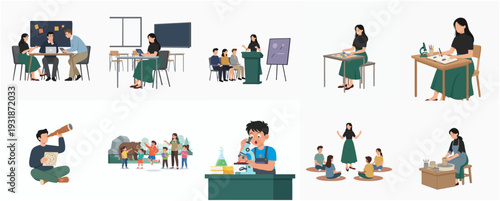 Flat Illustration Diverse Students Participating in Educational Activities Learning Together Scene