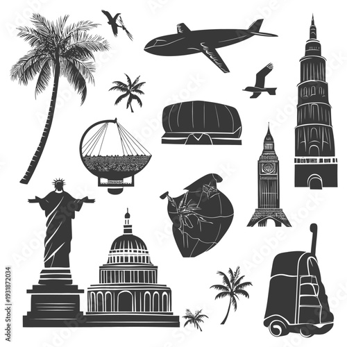A Collection of Famous Landmarks and Travel Icons in Black Silhouette