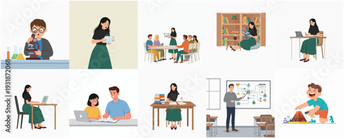 Flat Illustration Set Various Teachers in Different Scenarios Education