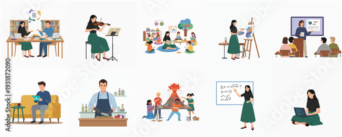 Diverse Flat Illustration Set Depicting Various Learning and Education Scenarios