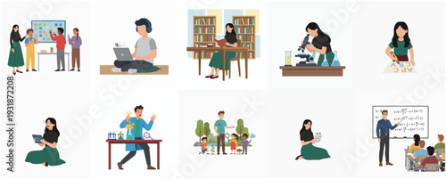 Flat Style Illustration Set of People in Education and Learning Activities