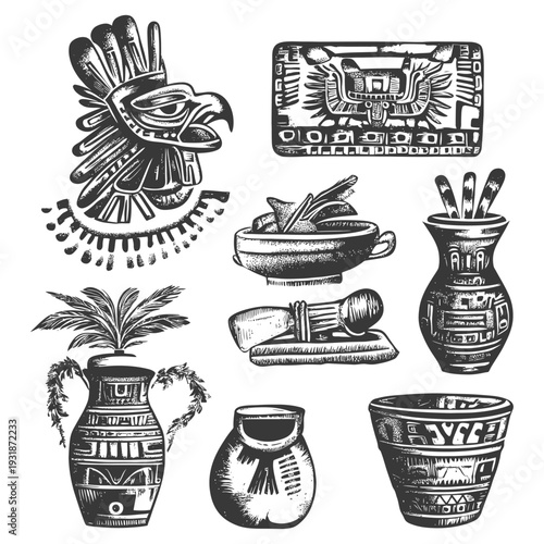 A Collection of Hand-Drawn Aztec and Mayan-Inspired Artifacts