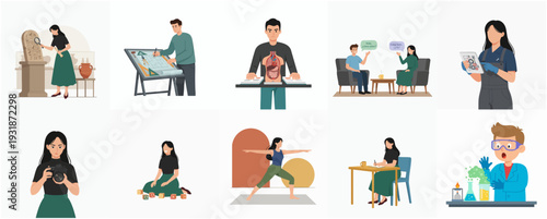 Flat Illustration Diverse People Doing Different Activities and Jobs Profession