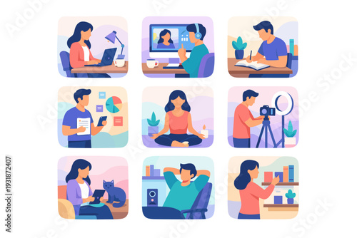 Creative professions and digital work scenes collection illustration