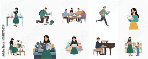 Flat Style Diverse People in Different Activities Illustration Set