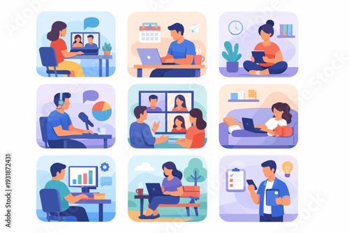 Remote work productivity and online collaboration scenes collection