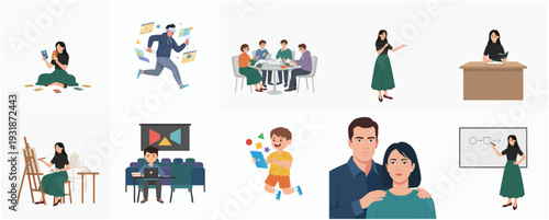 Flat Illustration Variety Characters in Different Occupation and Activity Scenes
