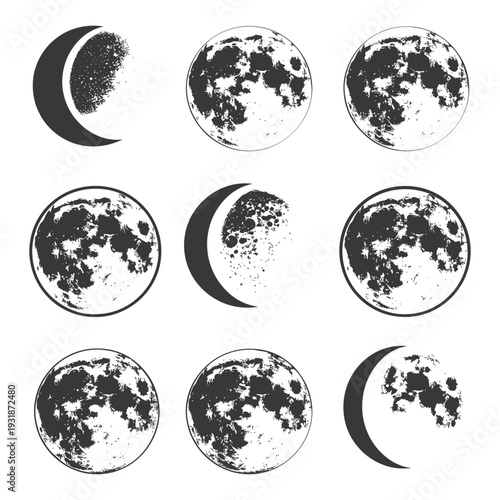 A Collection of Hand-Drawn Moon Phases in Black and White