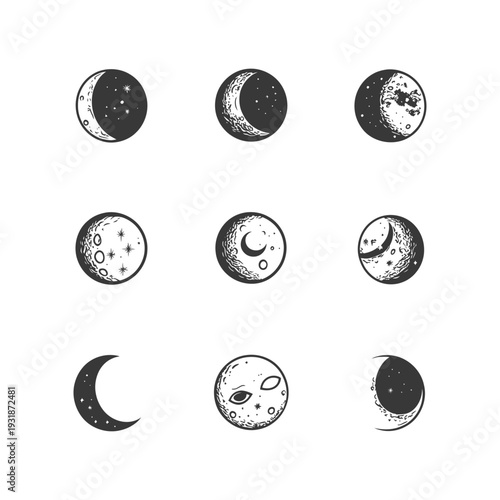 A Collection of Hand-Drawn Moon Phases with Detailed Surface Features