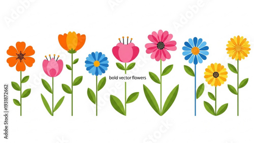 Bold Flowers. Vector naive isolated spring and summer floral illustrations on a transparent background in folk style for icons, stickers, print and design