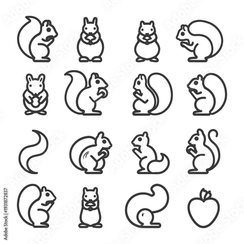 A Collection of Line Art Squirrel Illustrations with an Apple
