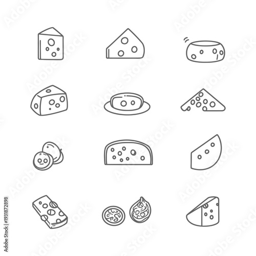 A Collection of Line Drawings Depicting Various Cheese Shapes and Cuts