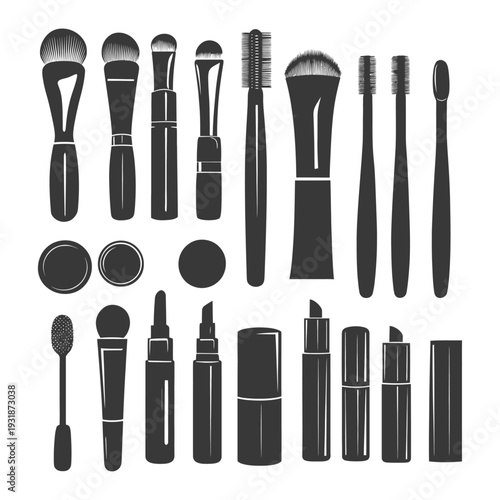 A Collection of Makeup Brushes, Lipsticks, and Other Makeup Tools