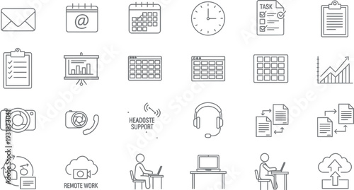 Collection of business and remote work outline icons representing communication scheduling and data.