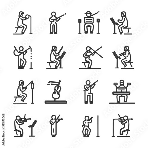 A collection of line icons depicting people playing various instruments.