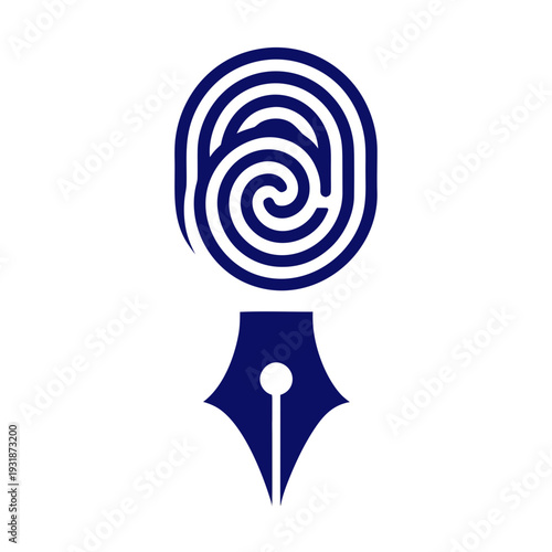 A blue and white logo with a fingerprint and a pen nib
