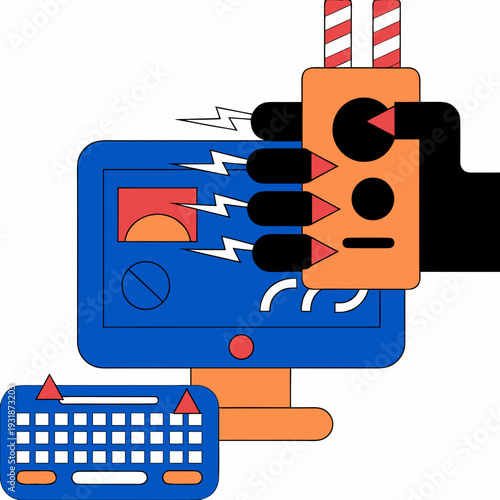 A hand holding an orange electrical device near a blue machine