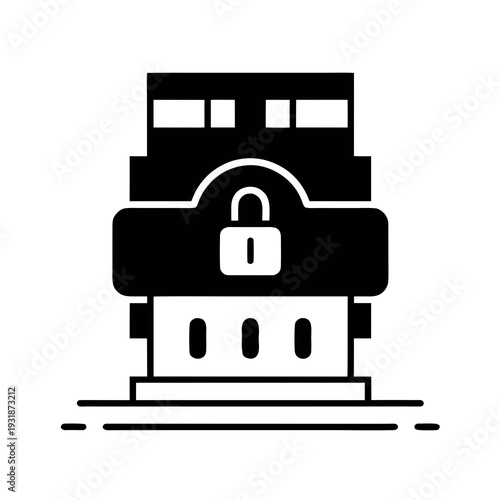 A black and white icon of a safe with a padlock on it