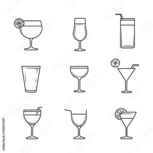 A Collection of Nine Outline Illustrations of Various Drinkware