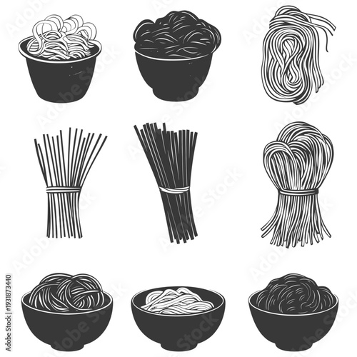 A Collection of Nine Stylized Noodle Illustrations