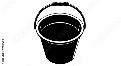 A black plastic bucket with a sturdy handle for carrying liquids or materials