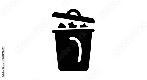 Black trash bin with lid open and waste overflowing onto the ground