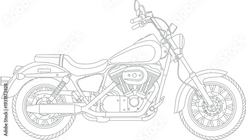 Outline drawing of a classic American style cruiser motorcycle isolated on white background