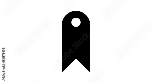 A sleek black tag with a distinctive looped top design on a plain background