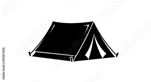 A black and white illustration of a simple tent pitched on a flat surface