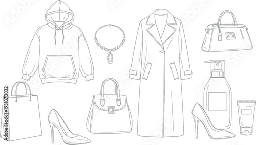 Collection of fashionable female apparel accessories beauty products and shopping bag outlines