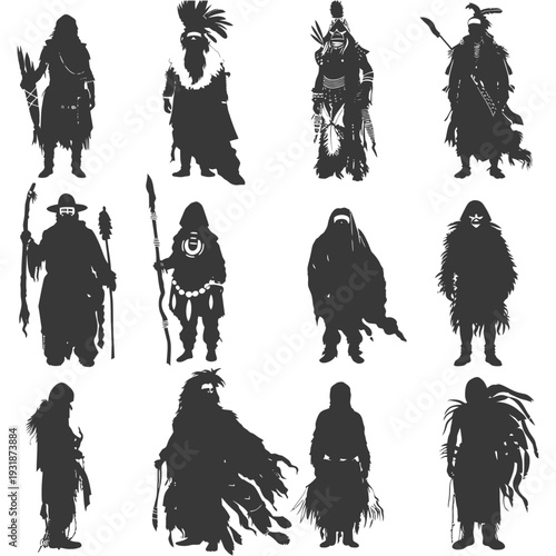 A Collection of Silhouettes Depicting Native American Figures in Various Poses and Attire