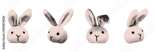 Retro halftone Easter bunny collage Set. Vintage photocopy stipple effect rabbit sticker. Cut out of magazine scrapbook Easter elements. Vector illustration