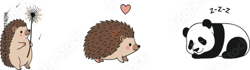 Cute Hedgehog and Sleeping Panda Cartoon Characters Set Adorable Forest Animals Vector Illustration Collection