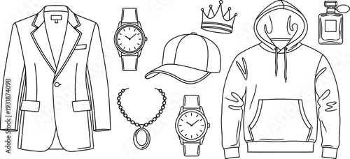 Collection of fashionable men's apparel and accessory line art icons