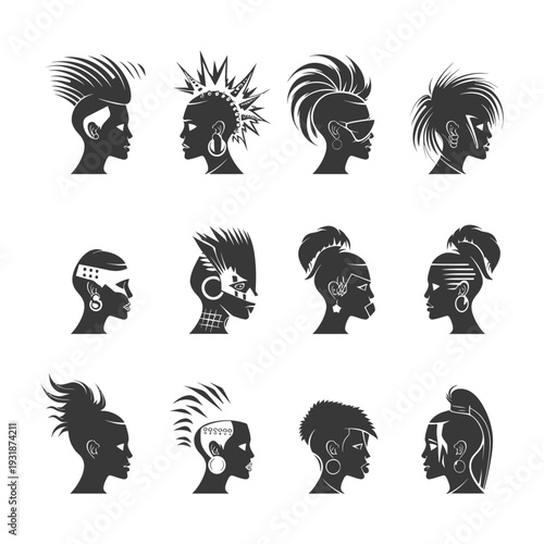A Collection of Silhouettes of Women with Unique Hairstyles and Jewelry