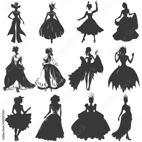 A Collection of Silhouettes of Women in Elegant Dresses