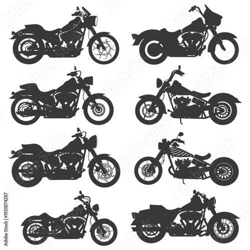 A collection of six silhouette illustrations of classic motorcycles