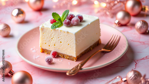 Delicious slice of cheesecake with berries on pink plate and christmas decorations transparent background