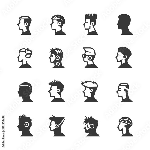 A Collection of Sixteen Diverse Male Hairstyles in Profile View